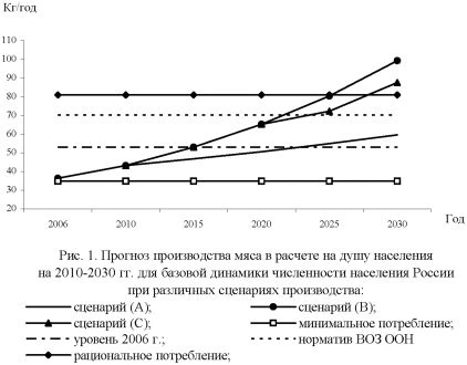 График прогнозирования производства мяса в расчете на душу населения на 2010-2030 гг.